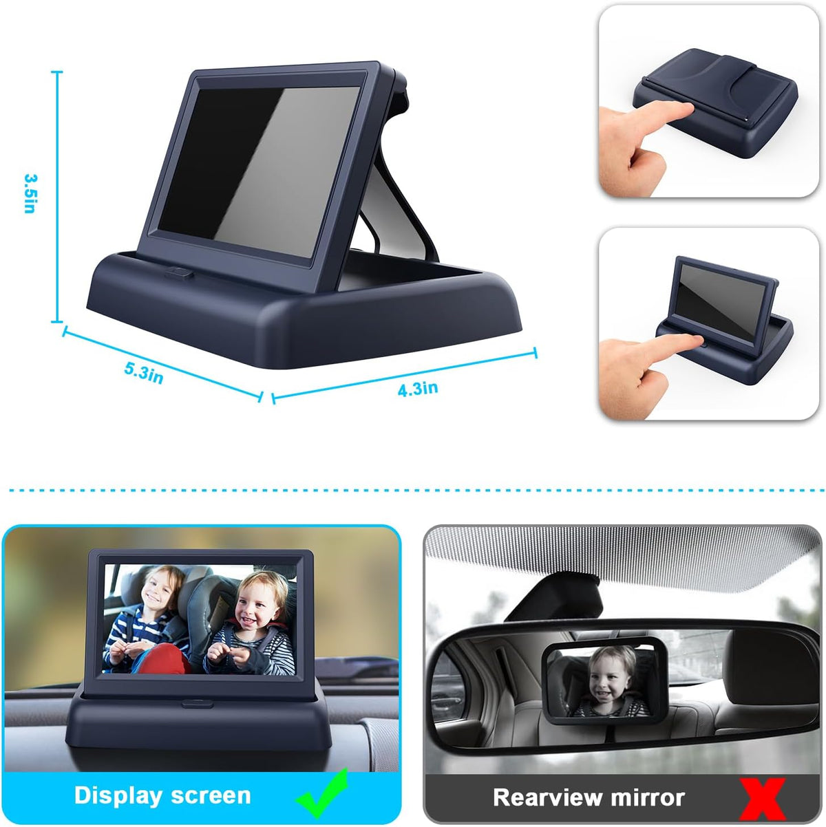 Baby Car Mirror with 4.3'' HD Night Vision Function Display, Safety Car Seat Camera with Wide Crystal Clear View, Easily Observe The Baby’s Move(Not USB)