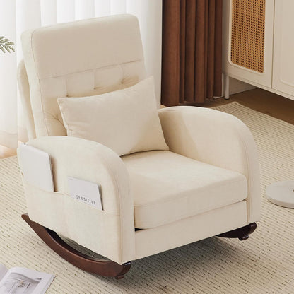 Chenille Low Seat Rocking Chair,Upholstered Nursery Glider Chair with Side Pockets,Accent Arm Chair with High Backrest,Comfy Head Rest, and Solid Wood Base For Living Room Bedroom Balcony,Beige