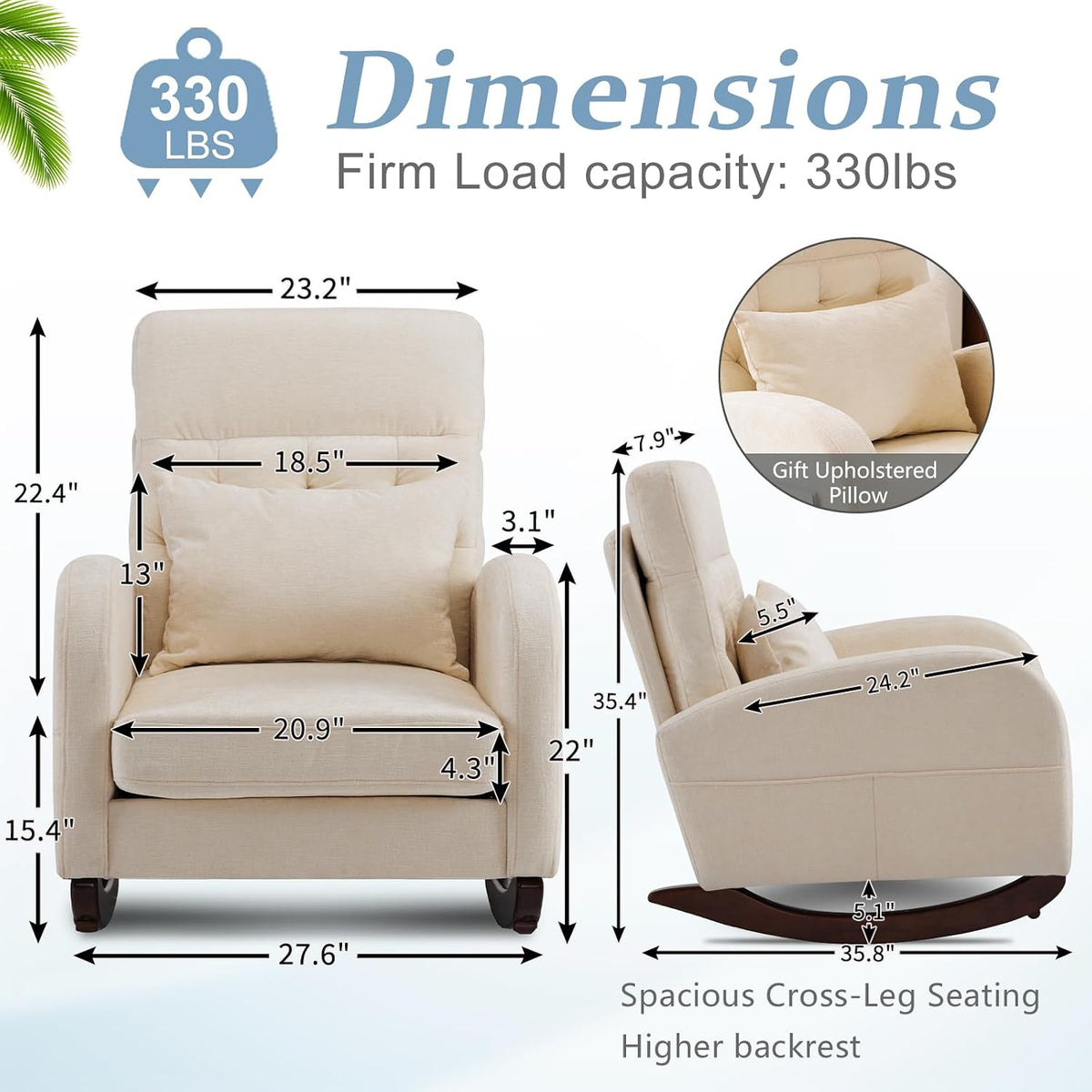 Chenille Low Seat Rocking Chair,Upholstered Nursery Glider Chair with Side Pockets,Accent Arm Chair with High Backrest,Comfy Head Rest, and Solid Wood Base For Living Room Bedroom Balcony,Beige