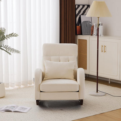 Chenille Low Seat Rocking Chair,Upholstered Nursery Glider Chair with Side Pockets,Accent Arm Chair with High Backrest,Comfy Head Rest, and Solid Wood Base For Living Room Bedroom Balcony,Beige