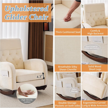 Chenille Low Seat Rocking Chair,Upholstered Nursery Glider Chair with Side Pockets,Accent Arm Chair with High Backrest,Comfy Head Rest, and Solid Wood Base For Living Room Bedroom Balcony,Beige