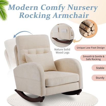 Chenille Low Seat Rocking Chair,Upholstered Nursery Glider Chair with Side Pockets,Accent Arm Chair with High Backrest,Comfy Head Rest, and Solid Wood Base For Living Room Bedroom Balcony,Beige