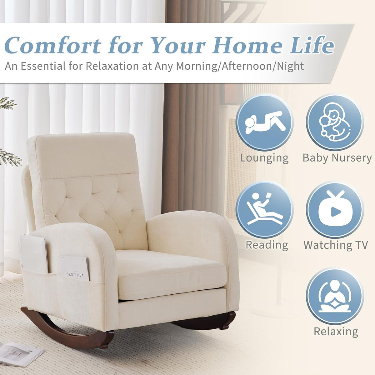 Chenille Low Seat Rocking Chair,Upholstered Nursery Glider Chair with Side Pockets,Accent Arm Chair with High Backrest,Comfy Head Rest, and Solid Wood Base For Living Room Bedroom Balcony,Beige