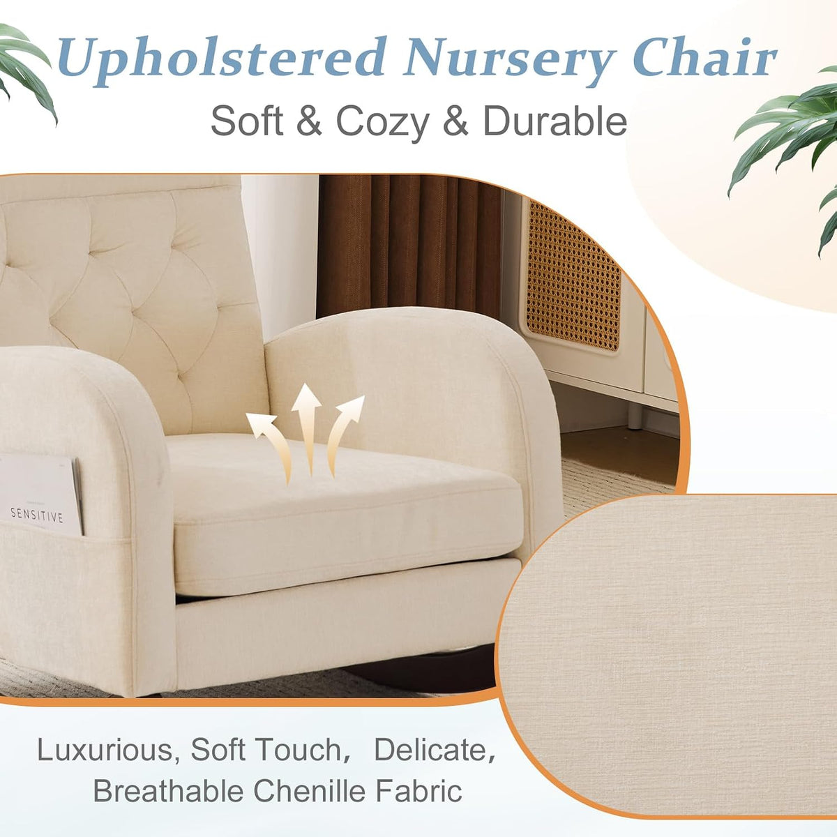 Chenille Low Seat Rocking Chair,Upholstered Nursery Glider Chair with Side Pockets,Accent Arm Chair with High Backrest,Comfy Head Rest, and Solid Wood Base For Living Room Bedroom Balcony,Beige
