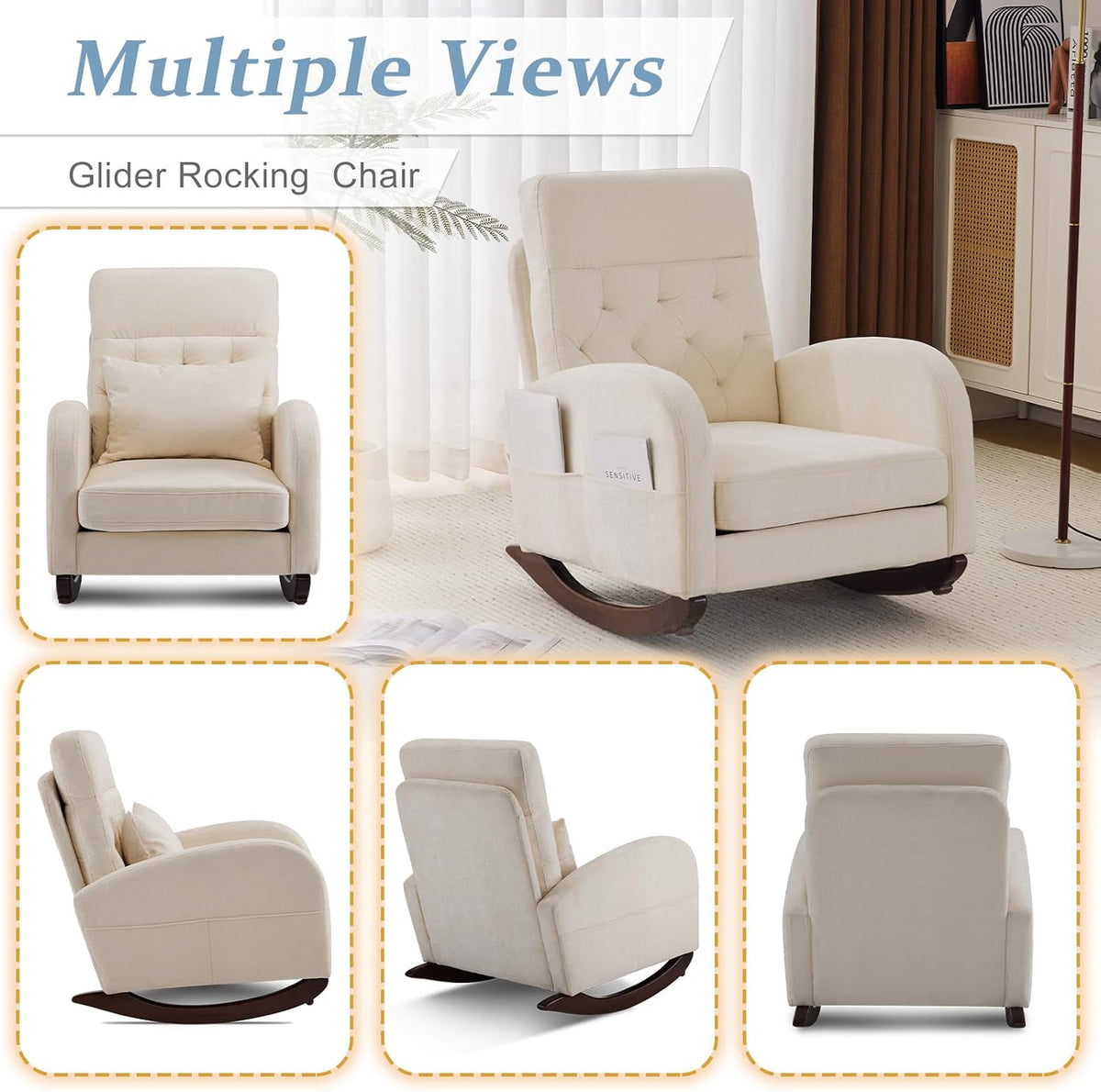 Chenille Low Seat Rocking Chair,Upholstered Nursery Glider Chair with Side Pockets,Accent Arm Chair with High Backrest,Comfy Head Rest, and Solid Wood Base For Living Room Bedroom Balcony,Beige