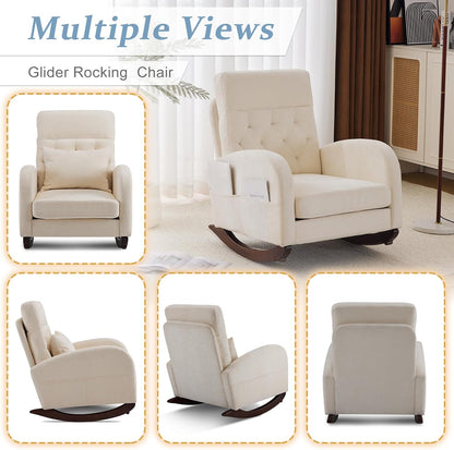 Chenille Low Seat Rocking Chair,Upholstered Nursery Glider Chair with Side Pockets,Accent Arm Chair with High Backrest,Comfy Head Rest, and Solid Wood Base For Living Room Bedroom Balcony,Beige