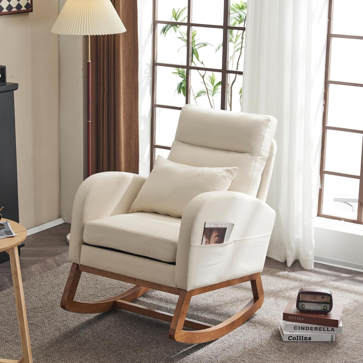 Chenille Low Seat Rocking Chair,Upholstered Nursery Glider Chair with Side Pockets,Accent Arm Chair with High Backrest,Comfy Head Rest, and Solid Wood Base For Living Room Bedroom Balcony,Beige