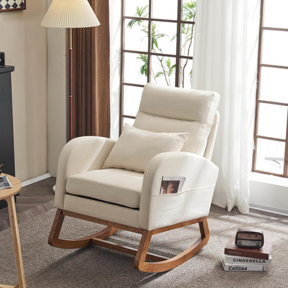 Chenille Low Seat Rocking Chair,Upholstered Nursery Glider Chair with Side Pockets,Accent Arm Chair with High Backrest,Comfy Head Rest, and Solid Wood Base For Living Room Bedroom Balcony,Beige