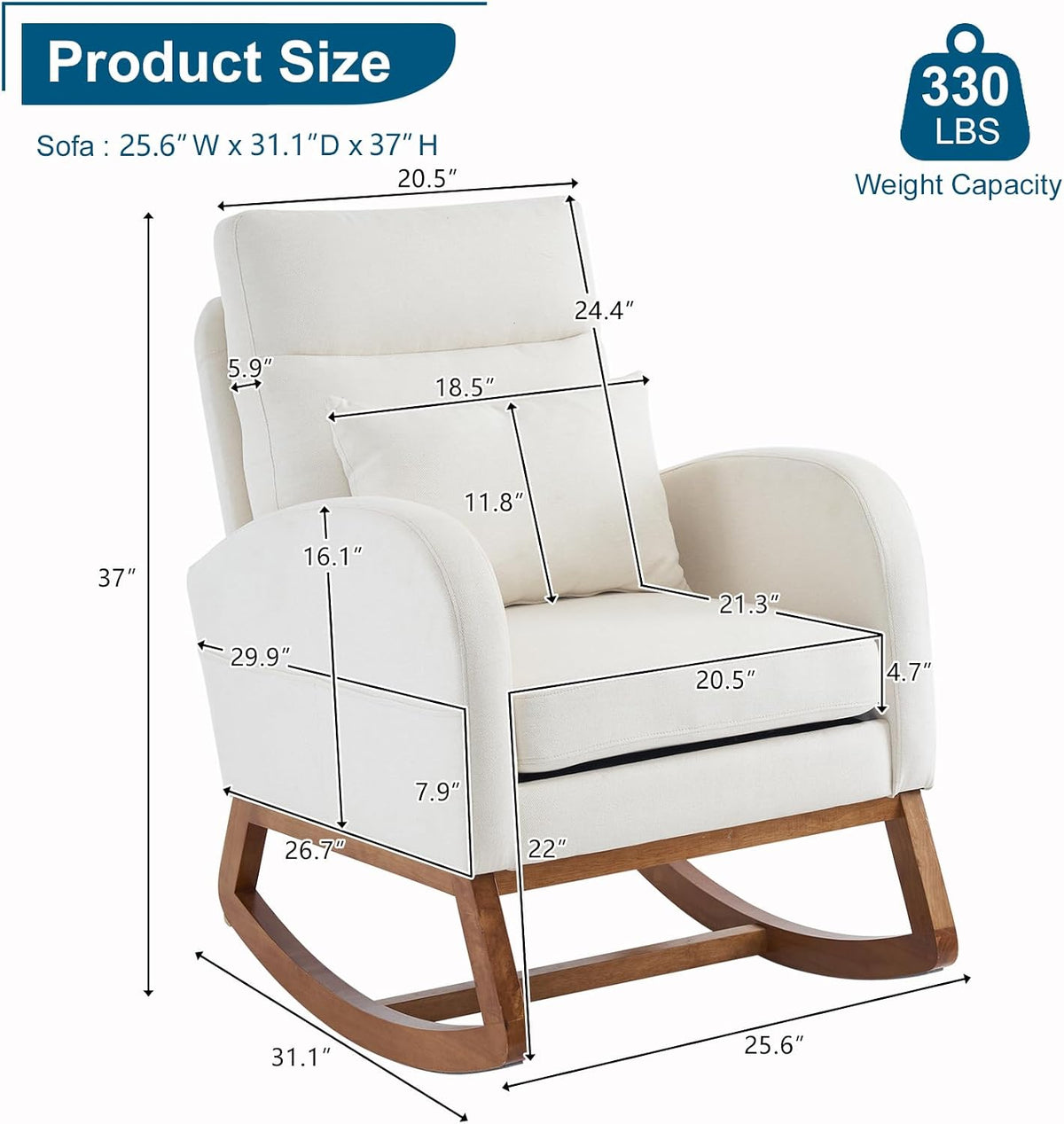 Chenille Low Seat Rocking Chair,Upholstered Nursery Glider Chair with Side Pockets,Accent Arm Chair with High Backrest,Comfy Head Rest, and Solid Wood Base For Living Room Bedroom Balcony,Beige