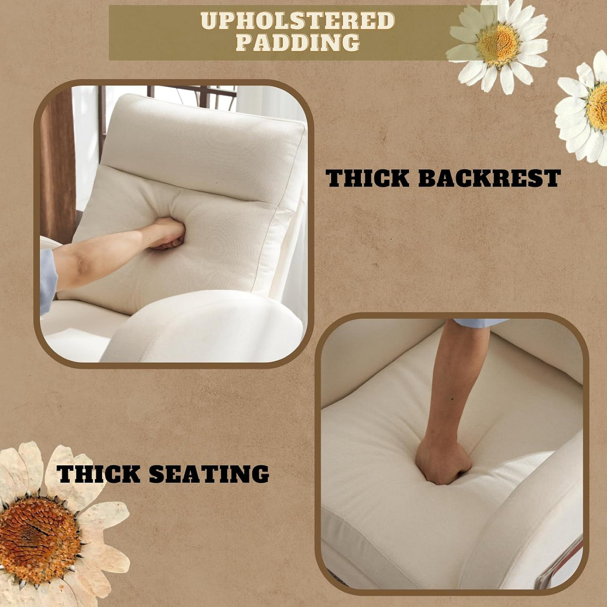 Chenille Low Seat Rocking Chair,Upholstered Nursery Glider Chair with Side Pockets,Accent Arm Chair with High Backrest,Comfy Head Rest, and Solid Wood Base For Living Room Bedroom Balcony,Beige