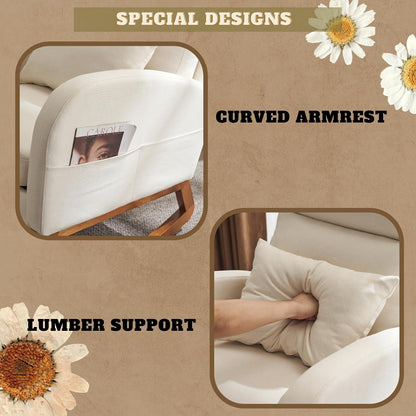 Chenille Low Seat Rocking Chair,Upholstered Nursery Glider Chair with Side Pockets,Accent Arm Chair with High Backrest,Comfy Head Rest, and Solid Wood Base For Living Room Bedroom Balcony,Beige