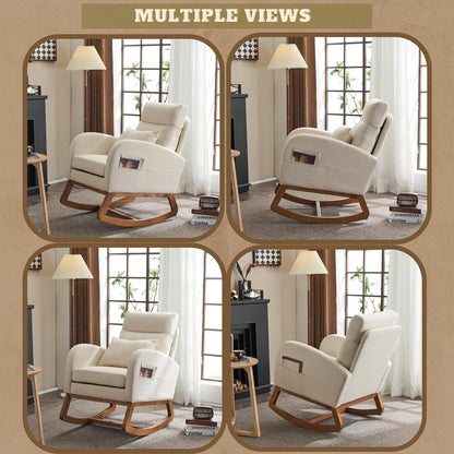 Chenille Low Seat Rocking Chair,Upholstered Nursery Glider Chair with Side Pockets,Accent Arm Chair with High Backrest,Comfy Head Rest, and Solid Wood Base For Living Room Bedroom Balcony,Beige