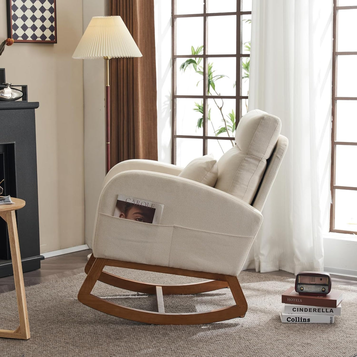 Chenille Low Seat Rocking Chair,Upholstered Nursery Glider Chair with Side Pockets,Accent Arm Chair with High Backrest,Comfy Head Rest, and Solid Wood Base For Living Room Bedroom Balcony,Beige