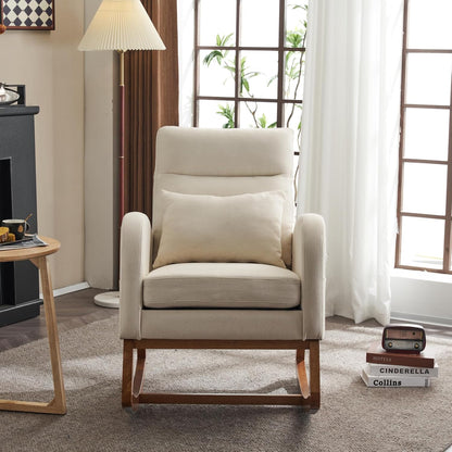 Chenille Low Seat Rocking Chair,Upholstered Nursery Glider Chair with Side Pockets,Accent Arm Chair with High Backrest,Comfy Head Rest, and Solid Wood Base For Living Room Bedroom Balcony,Beige