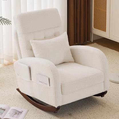 Chenille Low Seat Rocking Chair,Upholstered Nursery Glider Chair with Side Pockets,Accent Arm Chair with High Backrest,Comfy Head Rest, and Solid Wood Base For Living Room Bedroom Balcony,Beige