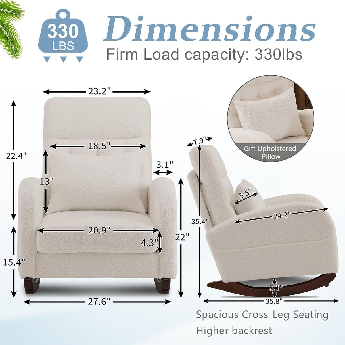 Chenille Low Seat Rocking Chair,Upholstered Nursery Glider Chair with Side Pockets,Accent Arm Chair with High Backrest,Comfy Head Rest, and Solid Wood Base For Living Room Bedroom Balcony,Beige