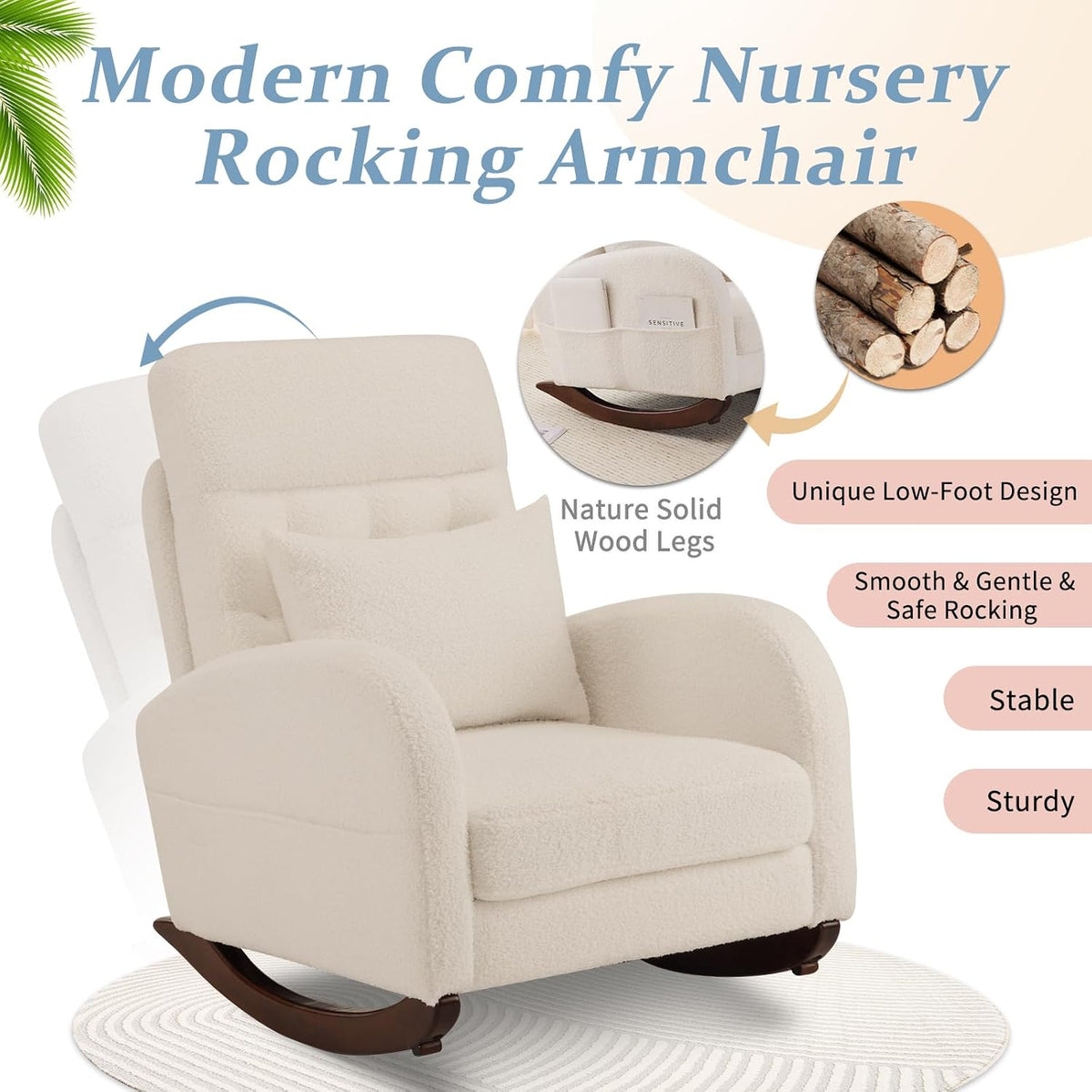 Chenille Low Seat Rocking Chair,Upholstered Nursery Glider Chair with Side Pockets,Accent Arm Chair with High Backrest,Comfy Head Rest, and Solid Wood Base For Living Room Bedroom Balcony,Beige