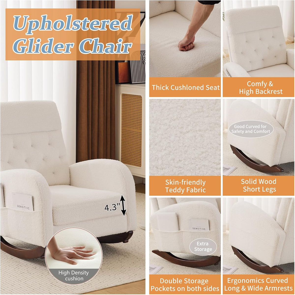 Chenille Low Seat Rocking Chair,Upholstered Nursery Glider Chair with Side Pockets,Accent Arm Chair with High Backrest,Comfy Head Rest, and Solid Wood Base For Living Room Bedroom Balcony,Beige