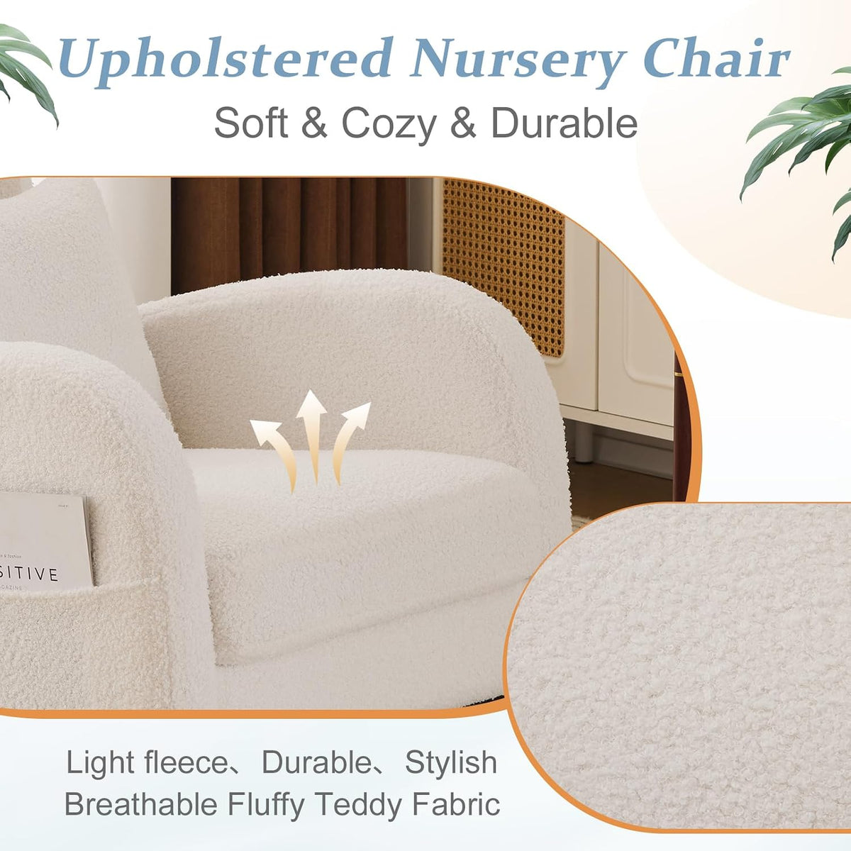 Chenille Low Seat Rocking Chair,Upholstered Nursery Glider Chair with Side Pockets,Accent Arm Chair with High Backrest,Comfy Head Rest, and Solid Wood Base For Living Room Bedroom Balcony,Beige