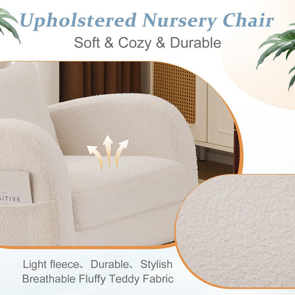 Chenille Low Seat Rocking Chair,Upholstered Nursery Glider Chair with Side Pockets,Accent Arm Chair with High Backrest,Comfy Head Rest, and Solid Wood Base For Living Room Bedroom Balcony,Beige