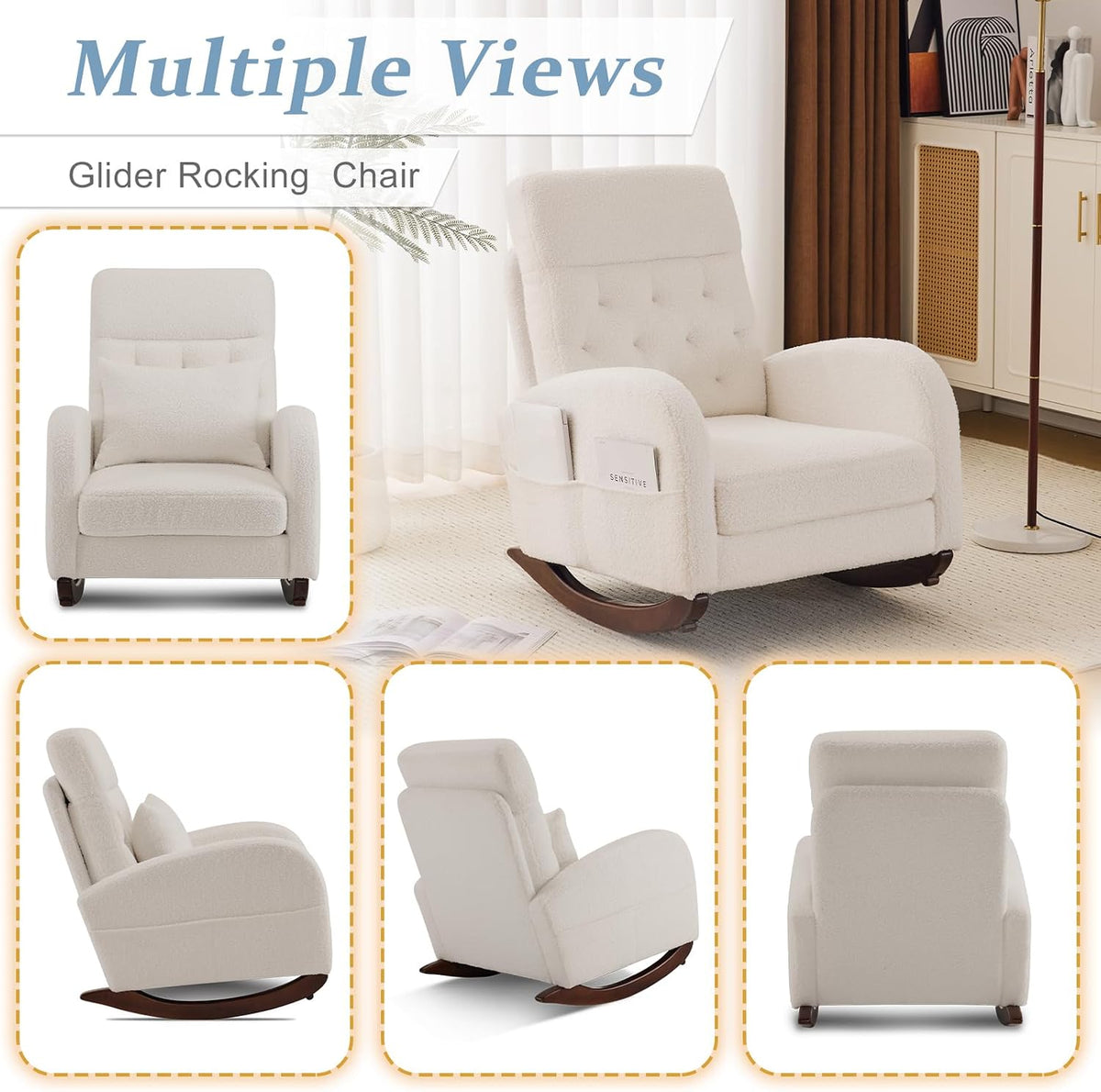 Chenille Low Seat Rocking Chair,Upholstered Nursery Glider Chair with Side Pockets,Accent Arm Chair with High Backrest,Comfy Head Rest, and Solid Wood Base For Living Room Bedroom Balcony,Beige