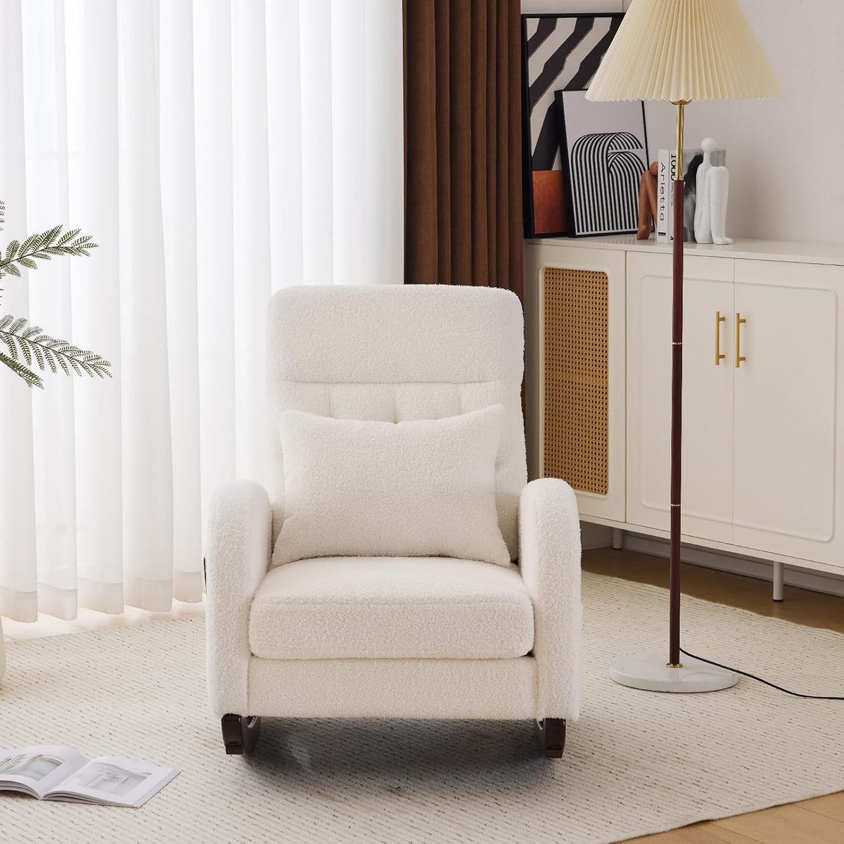 Chenille Low Seat Rocking Chair,Upholstered Nursery Glider Chair with Side Pockets,Accent Arm Chair with High Backrest,Comfy Head Rest, and Solid Wood Base For Living Room Bedroom Balcony,Beige