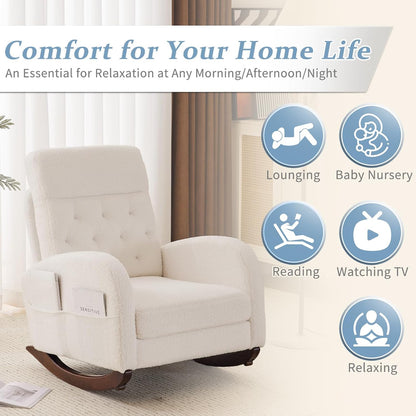 Chenille Low Seat Rocking Chair,Upholstered Nursery Glider Chair with Side Pockets,Accent Arm Chair with High Backrest,Comfy Head Rest, and Solid Wood Base For Living Room Bedroom Balcony,Beige