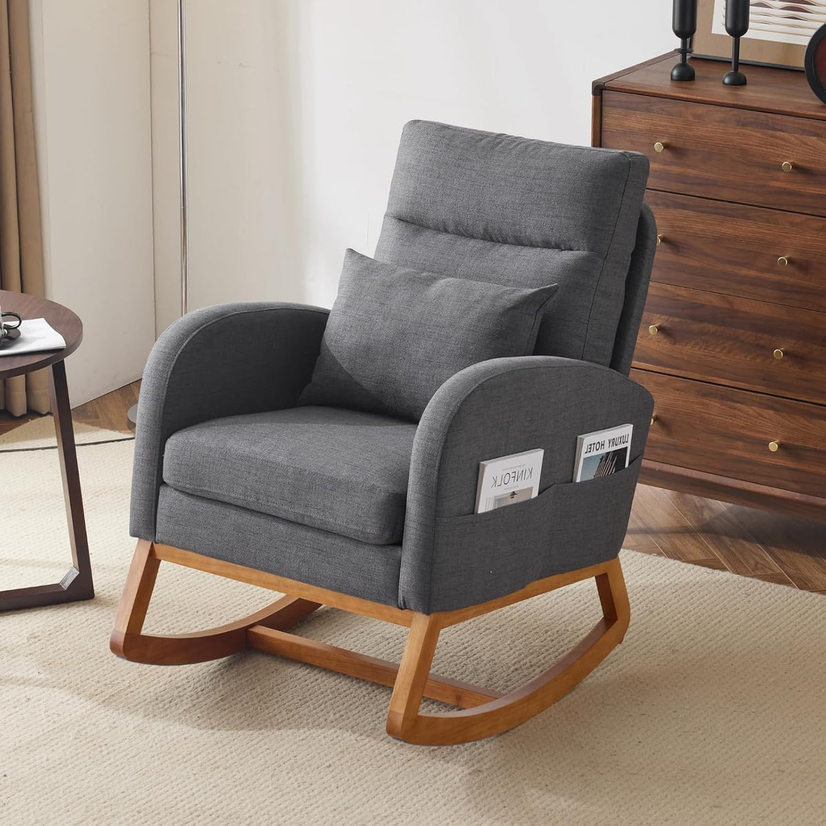 Chenille Low Seat Rocking Chair,Upholstered Nursery Glider Chair with Side Pockets,Accent Arm Chair with High Backrest,Comfy Head Rest, and Solid Wood Base For Living Room Bedroom Balcony,Beige