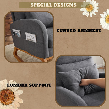 Chenille Low Seat Rocking Chair,Upholstered Nursery Glider Chair with Side Pockets,Accent Arm Chair with High Backrest,Comfy Head Rest, and Solid Wood Base For Living Room Bedroom Balcony,Beige