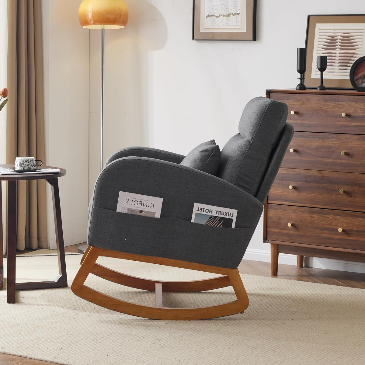 Chenille Low Seat Rocking Chair,Upholstered Nursery Glider Chair with Side Pockets,Accent Arm Chair with High Backrest,Comfy Head Rest, and Solid Wood Base For Living Room Bedroom Balcony,Beige