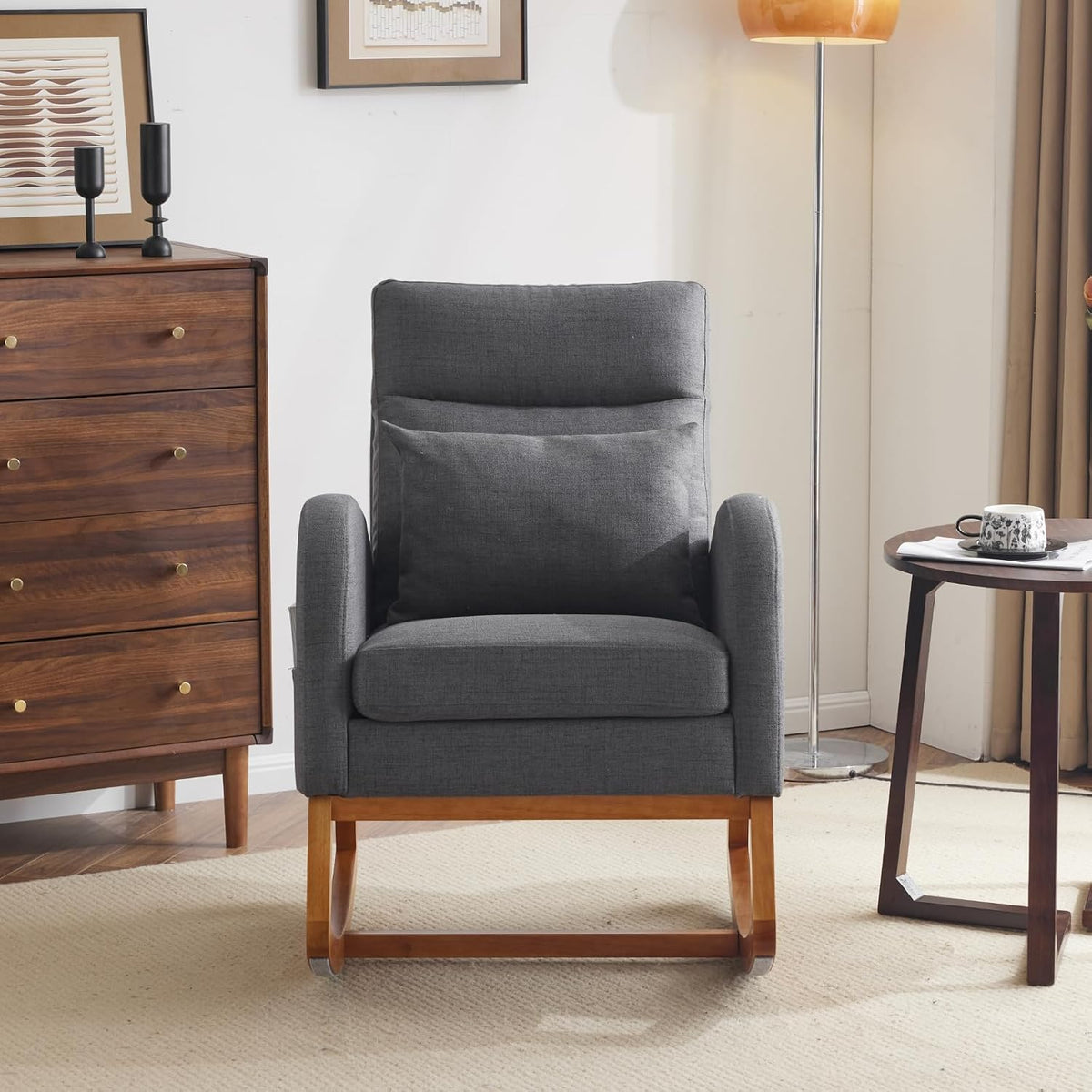 Chenille Low Seat Rocking Chair,Upholstered Nursery Glider Chair with Side Pockets,Accent Arm Chair with High Backrest,Comfy Head Rest, and Solid Wood Base For Living Room Bedroom Balcony,Beige