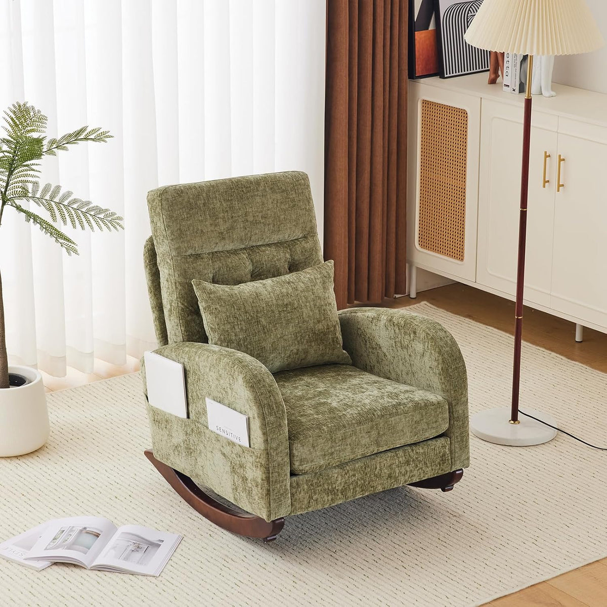 Chenille Low Seat Rocking Chair,Upholstered Nursery Glider Chair with Side Pockets,Accent Arm Chair with High Backrest,Comfy Head Rest, and Solid Wood Base For Living Room Bedroom Balcony,Beige