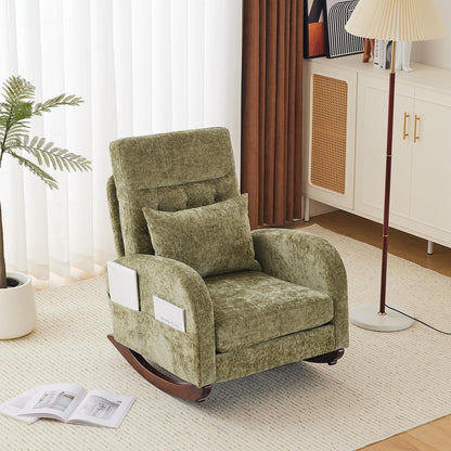 Chenille Low Seat Rocking Chair,Upholstered Nursery Glider Chair with Side Pockets,Accent Arm Chair with High Backrest,Comfy Head Rest, and Solid Wood Base For Living Room Bedroom Balcony,Beige