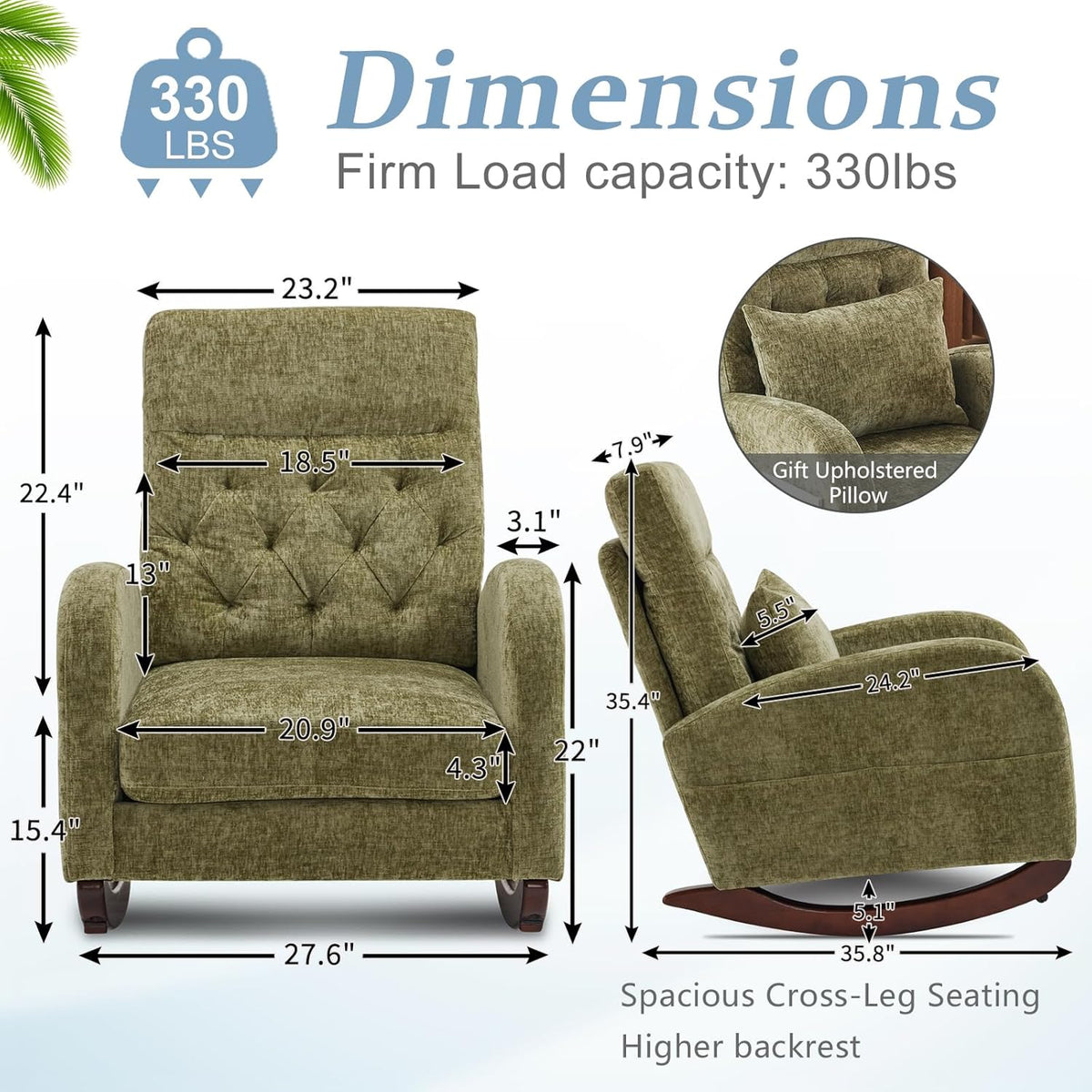 Chenille Low Seat Rocking Chair,Upholstered Nursery Glider Chair with Side Pockets,Accent Arm Chair with High Backrest,Comfy Head Rest, and Solid Wood Base For Living Room Bedroom Balcony,Beige
