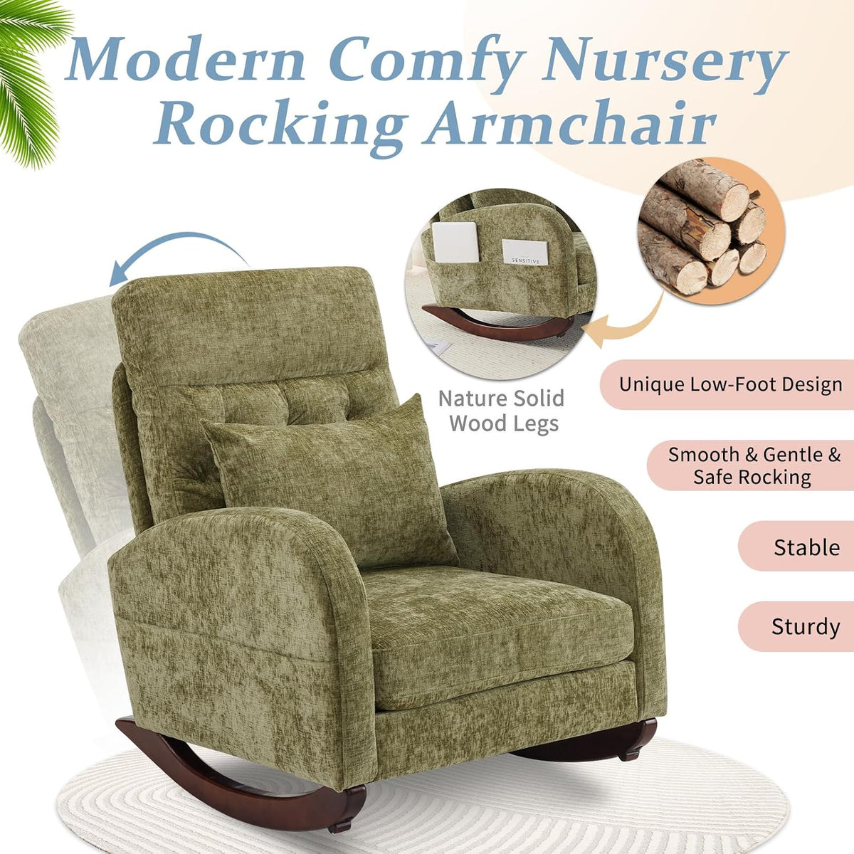 Chenille Low Seat Rocking Chair,Upholstered Nursery Glider Chair with Side Pockets,Accent Arm Chair with High Backrest,Comfy Head Rest, and Solid Wood Base For Living Room Bedroom Balcony,Beige