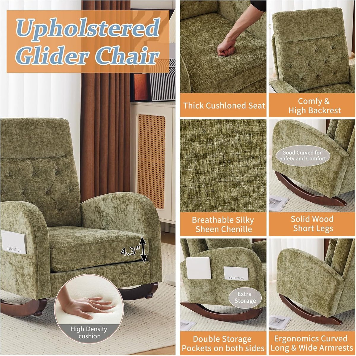 Chenille Low Seat Rocking Chair,Upholstered Nursery Glider Chair with Side Pockets,Accent Arm Chair with High Backrest,Comfy Head Rest, and Solid Wood Base For Living Room Bedroom Balcony,Beige
