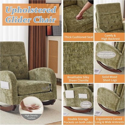 Chenille Low Seat Rocking Chair,Upholstered Nursery Glider Chair with Side Pockets,Accent Arm Chair with High Backrest,Comfy Head Rest, and Solid Wood Base For Living Room Bedroom Balcony,Beige