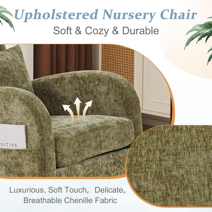 Chenille Low Seat Rocking Chair,Upholstered Nursery Glider Chair with Side Pockets,Accent Arm Chair with High Backrest,Comfy Head Rest, and Solid Wood Base For Living Room Bedroom Balcony,Beige