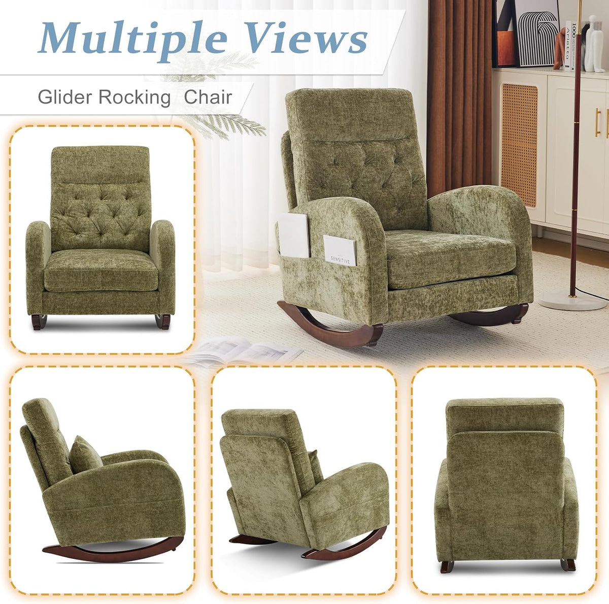 Chenille Low Seat Rocking Chair,Upholstered Nursery Glider Chair with Side Pockets,Accent Arm Chair with High Backrest,Comfy Head Rest, and Solid Wood Base For Living Room Bedroom Balcony,Beige
