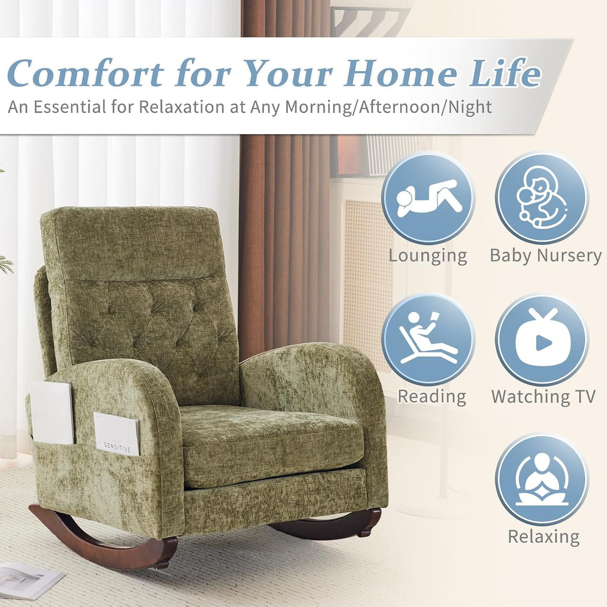 Chenille Low Seat Rocking Chair,Upholstered Nursery Glider Chair with Side Pockets,Accent Arm Chair with High Backrest,Comfy Head Rest, and Solid Wood Base For Living Room Bedroom Balcony,Beige
