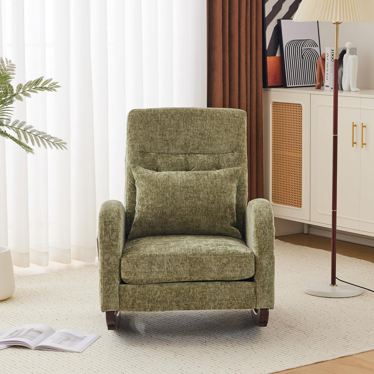 Chenille Low Seat Rocking Chair,Upholstered Nursery Glider Chair with Side Pockets,Accent Arm Chair with High Backrest,Comfy Head Rest, and Solid Wood Base For Living Room Bedroom Balcony,Beige