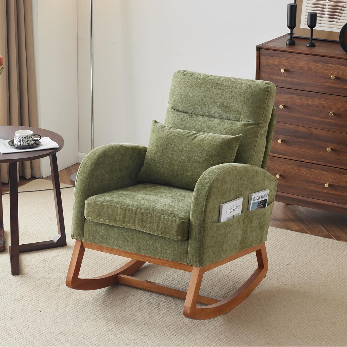 Chenille Low Seat Rocking Chair,Upholstered Nursery Glider Chair with Side Pockets,Accent Arm Chair with High Backrest,Comfy Head Rest, and Solid Wood Base For Living Room Bedroom Balcony,Beige