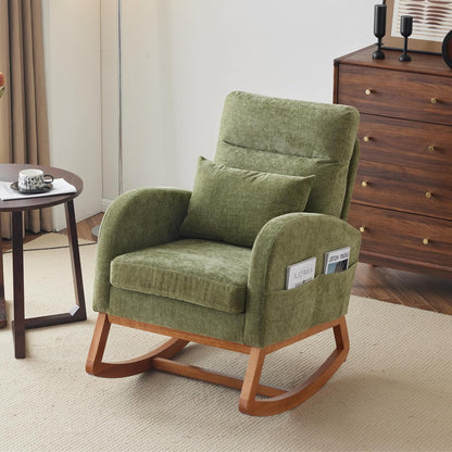 Chenille Low Seat Rocking Chair,Upholstered Nursery Glider Chair with Side Pockets,Accent Arm Chair with High Backrest,Comfy Head Rest, and Solid Wood Base For Living Room Bedroom Balcony,Beige