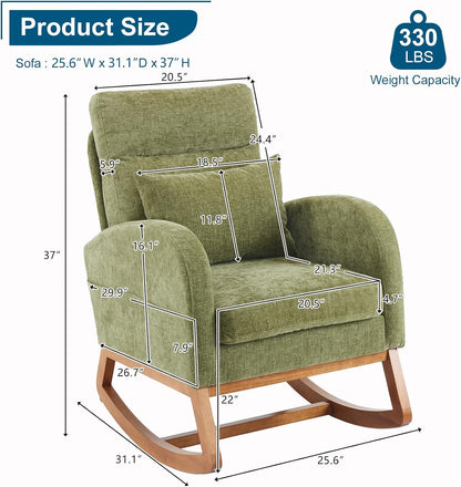 Chenille Low Seat Rocking Chair,Upholstered Nursery Glider Chair with Side Pockets,Accent Arm Chair with High Backrest,Comfy Head Rest, and Solid Wood Base For Living Room Bedroom Balcony,Beige
