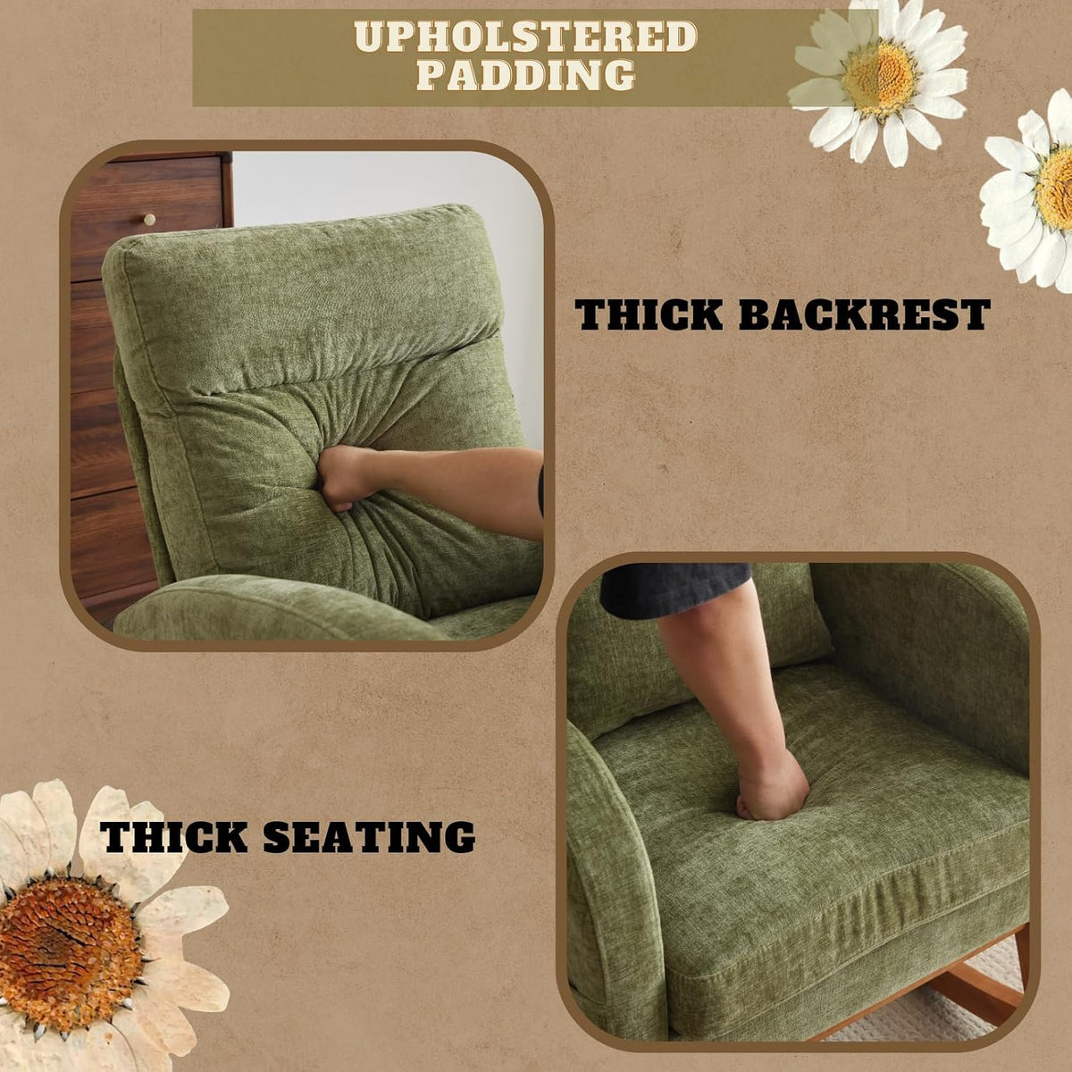Chenille Low Seat Rocking Chair,Upholstered Nursery Glider Chair with Side Pockets,Accent Arm Chair with High Backrest,Comfy Head Rest, and Solid Wood Base For Living Room Bedroom Balcony,Beige