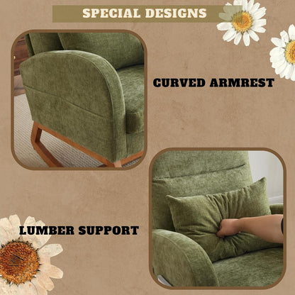 Chenille Low Seat Rocking Chair,Upholstered Nursery Glider Chair with Side Pockets,Accent Arm Chair with High Backrest,Comfy Head Rest, and Solid Wood Base For Living Room Bedroom Balcony,Beige
