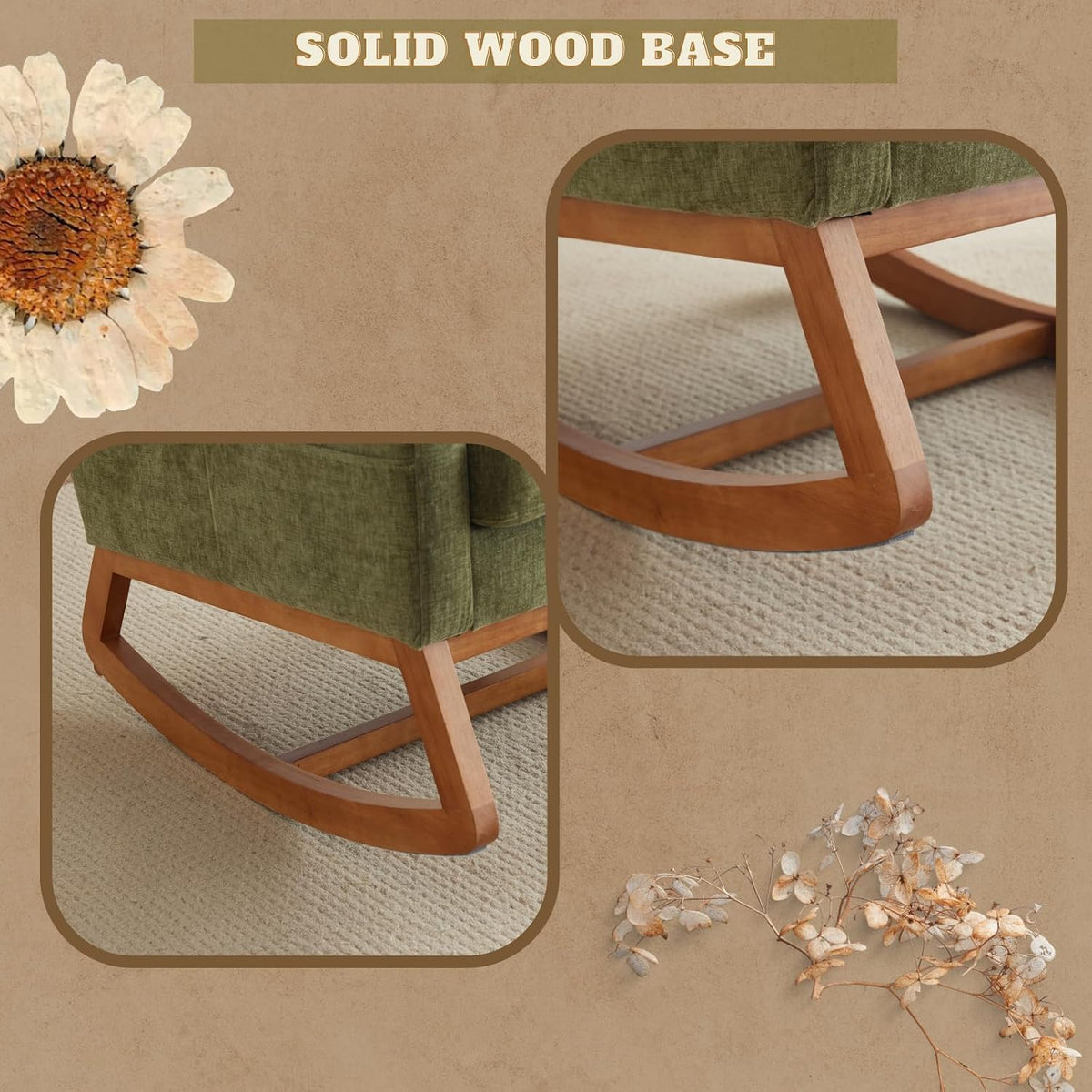 Chenille Low Seat Rocking Chair,Upholstered Nursery Glider Chair with Side Pockets,Accent Arm Chair with High Backrest,Comfy Head Rest, and Solid Wood Base For Living Room Bedroom Balcony,Beige