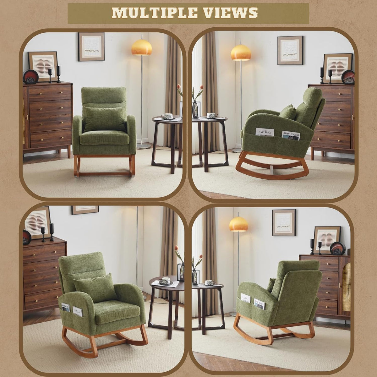 Chenille Low Seat Rocking Chair,Upholstered Nursery Glider Chair with Side Pockets,Accent Arm Chair with High Backrest,Comfy Head Rest, and Solid Wood Base For Living Room Bedroom Balcony,Beige