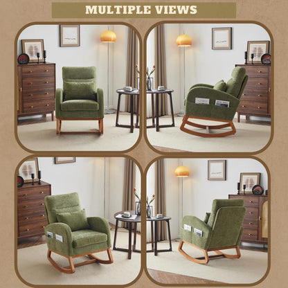 Chenille Low Seat Rocking Chair,Upholstered Nursery Glider Chair with Side Pockets,Accent Arm Chair with High Backrest,Comfy Head Rest, and Solid Wood Base For Living Room Bedroom Balcony,Beige