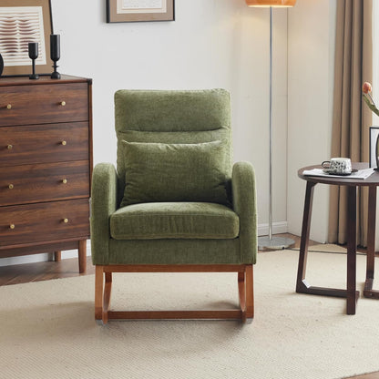 Chenille Low Seat Rocking Chair,Upholstered Nursery Glider Chair with Side Pockets,Accent Arm Chair with High Backrest,Comfy Head Rest, and Solid Wood Base For Living Room Bedroom Balcony,Beige